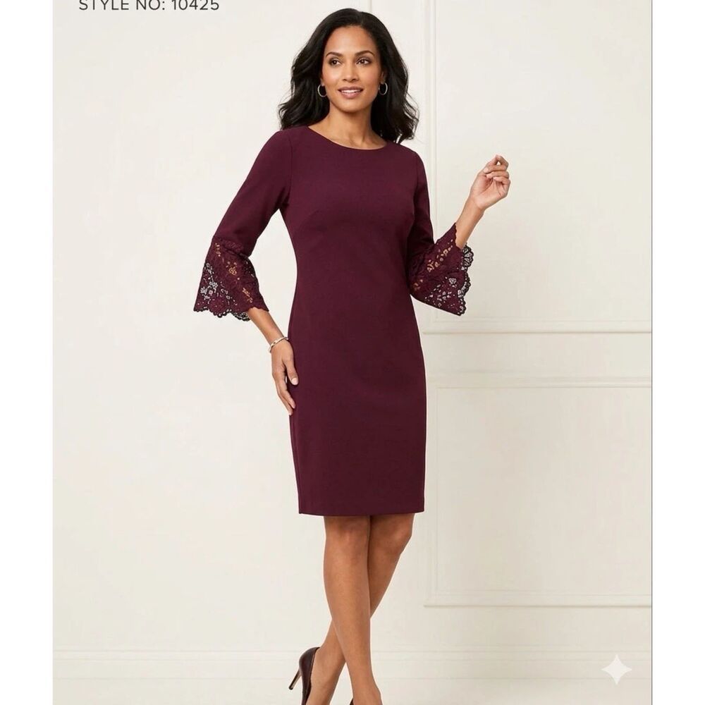 Sharagano Dress Womens 8 bell sleeve Lace sheath midi ethereal dark romantic
